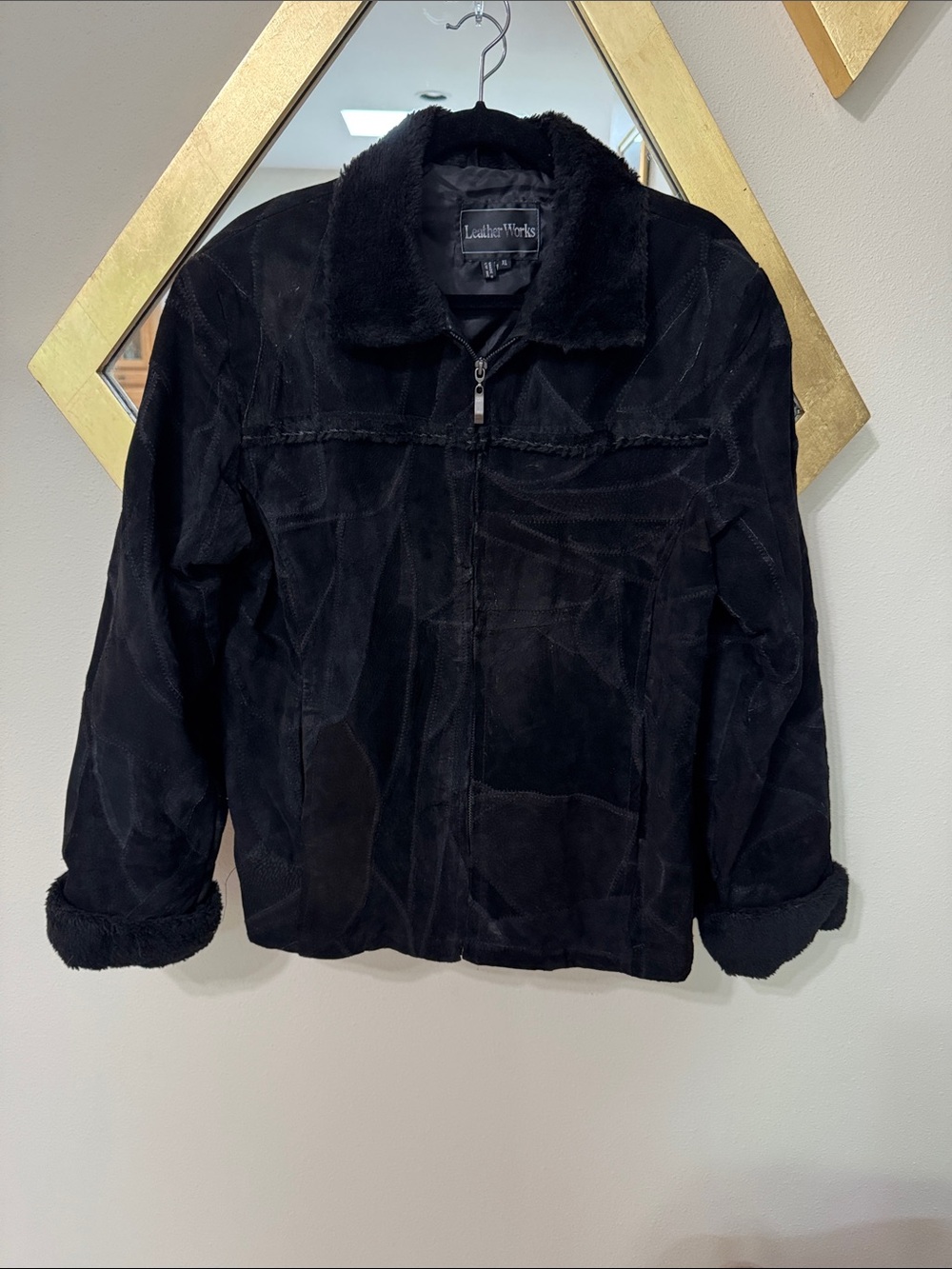 Leather Works Black Genuine Suede Patchwork Jacket Faux Fur Trim XL Y2K Zip Up